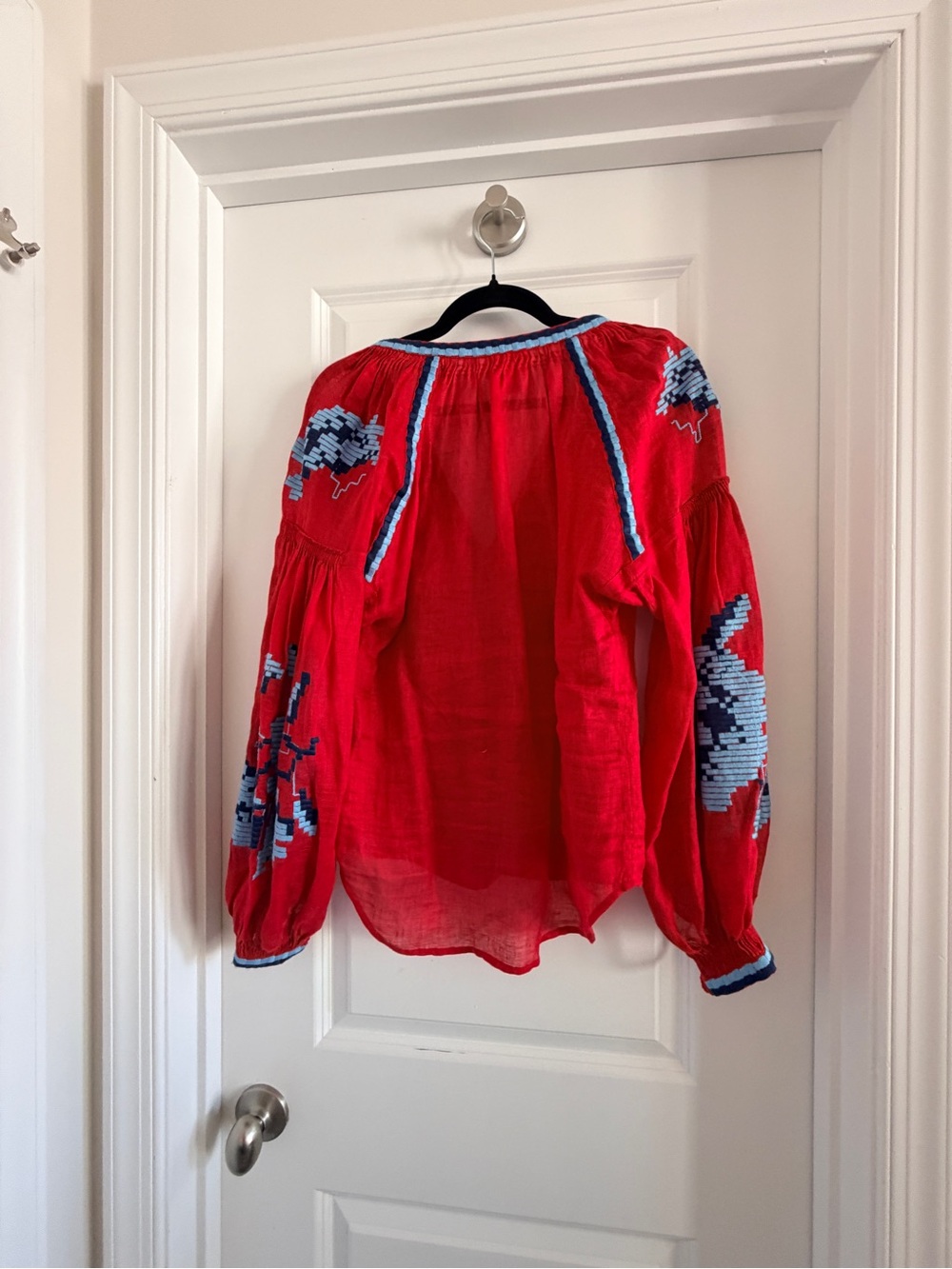 March 11 Red Embroidered Peasant Blouse with Blue Tassels - Picture 2 of 7